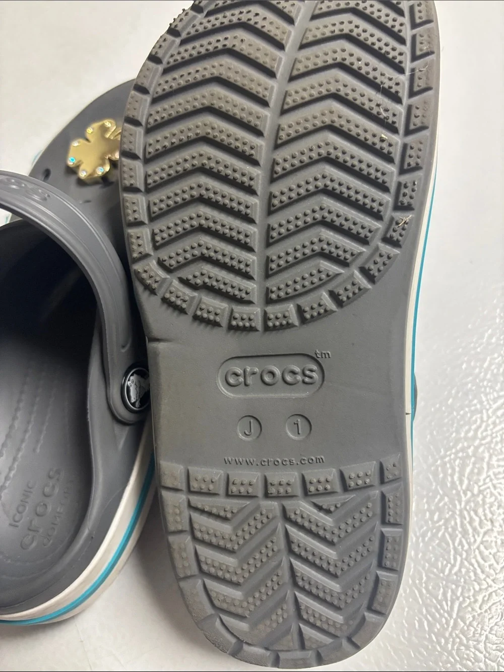 CROCS Kids' Gray Clog with Teal Accent and Fun Jibbitz